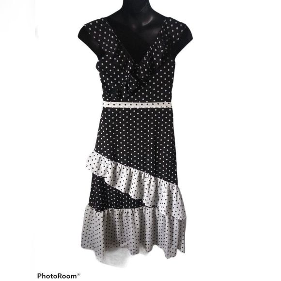 Q&A Polka Dot Midi Black White Tiered Dress XL NEW - Picture 6 of 8